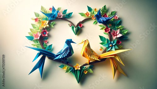 Exquisite origami love birds perched on a heart-shaped branch  vibrant in colors  symbolizing love and togetherness. Serene and affectionate scene. AI Generated.
