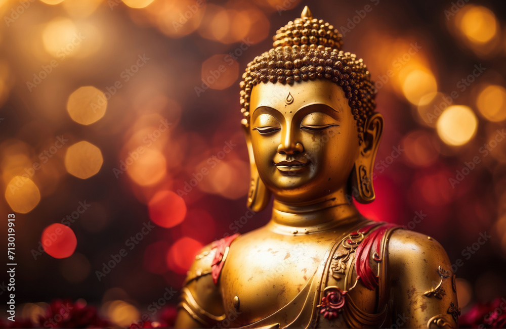 golden buddha statue on red and gold bokeh background