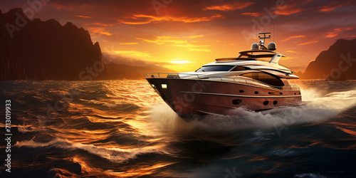 Sun shining down on luxurious yacht with crew, Yacht near the pier against sunset. © Joun