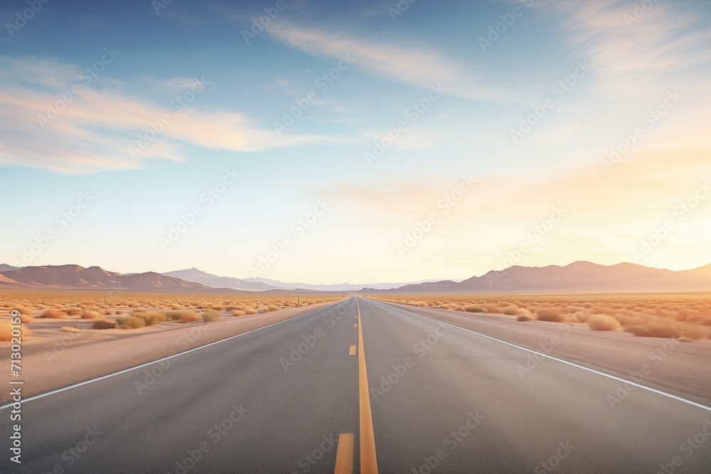 desert highway vanishing into the horizon at sunrise