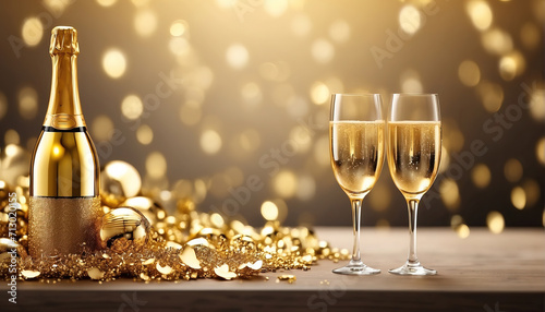 Golden champagne and glass decoration with soft focus light and bokeh background
