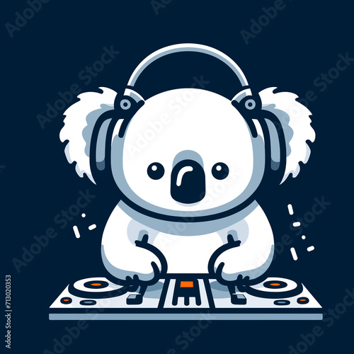 Cute cartoon koala with headphones on a dj station, koala bear vector illustration, kawaii style, generative ai