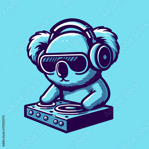 Kawaii koala with headphones and dj mixer, cute and funny koala bear vector illustration icon, generative ai photo