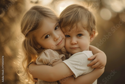 Close-up photograph of a girl of about 8 years old hugging her little brother. concept of tenderness, of love. family affection