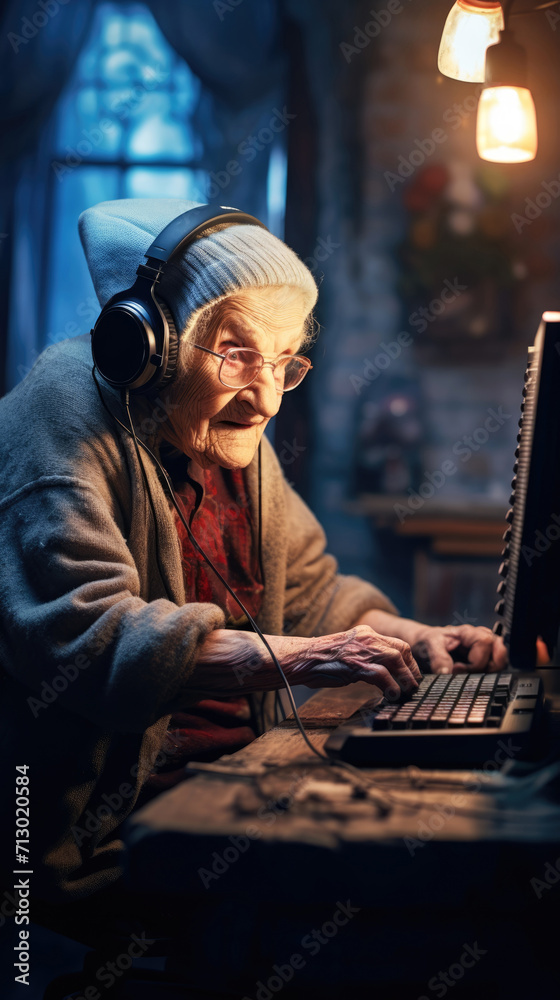 Obraz premium Elderly professional gamer playing online games computer