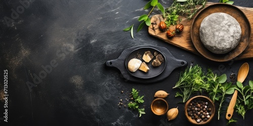 Rustic kitchen setting with stone molcajetes and cutting board on wooden table, viewed from above. photo
