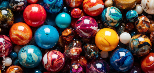 close up of colorful marbles beads, top view, surface pattern