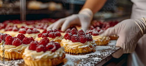 Confectioner makes custard cakes with raspberries