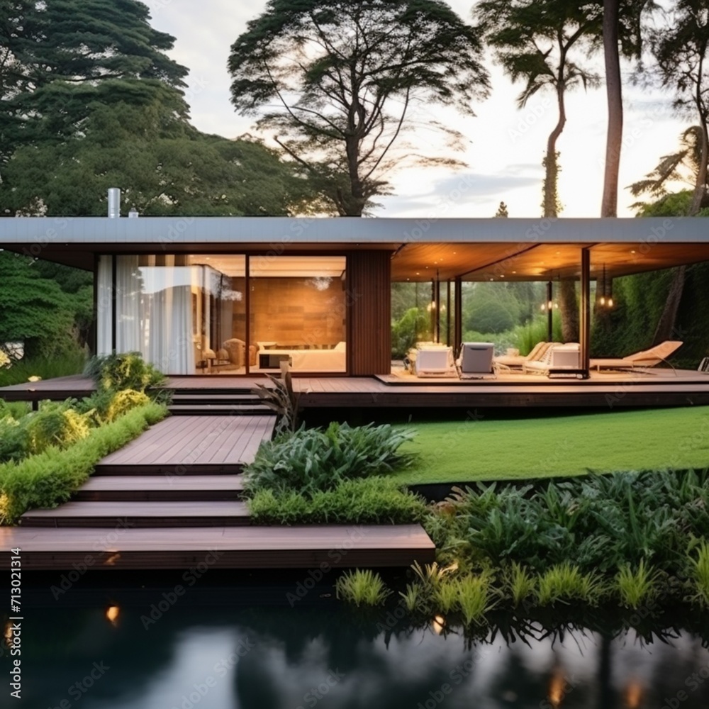 Casa com arquitetura contemporary com area de jardim Ai generated art