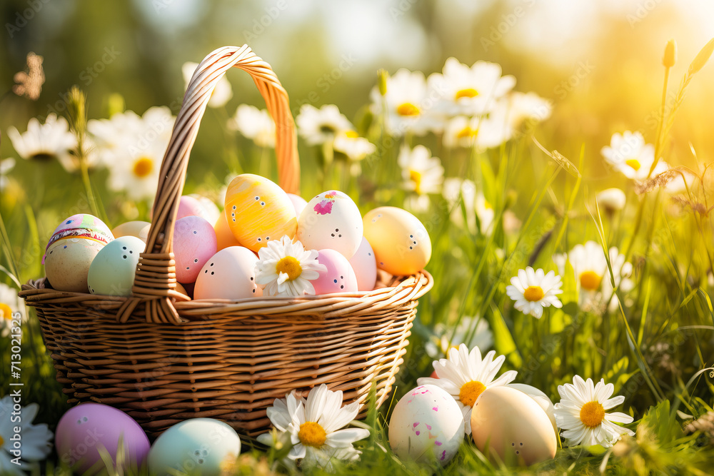 Easter eggs painted in light pastel colors in a wicker basket on a sunny meadow with daisy flowers Easter eggs painted in light pastel colors in a wicker basket on a sunny meadow with daisy flowers