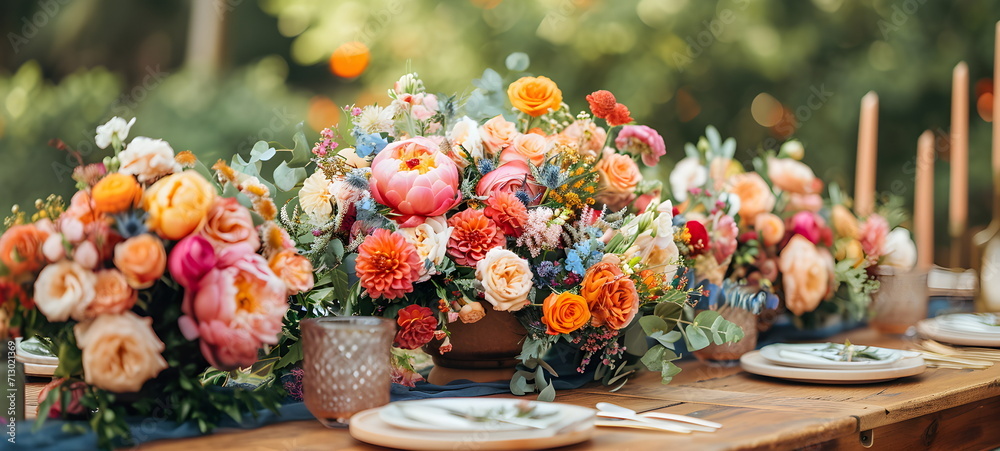 Set table with fresh flowers. Floral composition.