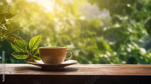 A perfectly brewed cup of tea on a saucer, surrounded by lush greenery and a dreamy