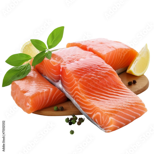 Raw salmon fillet, isolated transparent PNG, Generative AI