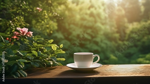 A perfectly brewed cup of tea on a saucer, surrounded by lush greenery and a dreamy