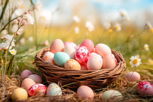 Easter eggs painted in light pastel colors in a wicker basket on a sunny meadow with flowers