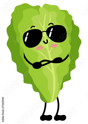 Funny green lettuce mascot with sunglasses