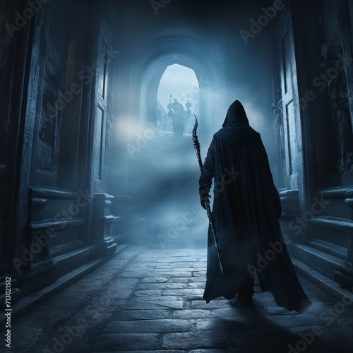 Castle corridor photorealistic the grim reaper beautiful image Ai generated art