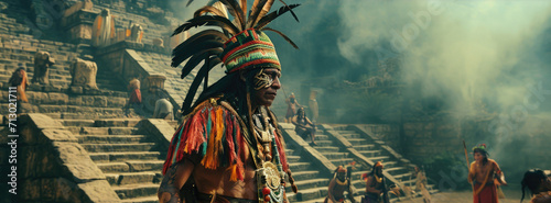 Obraz na plátně Aztec priest in ritual suit near Aztec Tower Temple