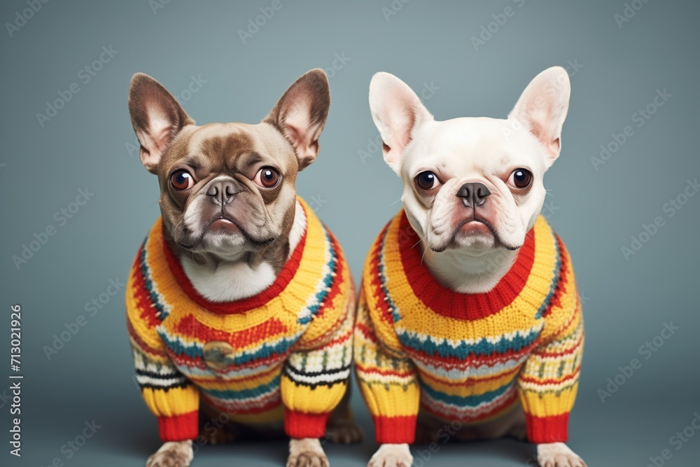 dogs dressed in matching sweaters