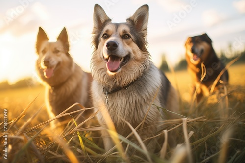canines in a field during golden hour photo