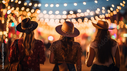 Women in country clothes on music festival. Blurred background with bulb lights