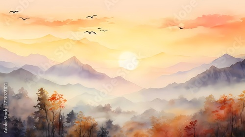 watercolor painting of misty mountains with gentle slopes and flocks of birds in the sunrise sky. generative ai photo