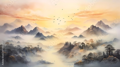 watercolor painting of misty mountains with gentle slopes and flocks of birds in the sunrise sky. generative ai photo