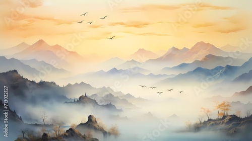 watercolor painting of misty mountains with gentle slopes and flocks of birds in the sunrise sky. generative ai © KBL Sungkid