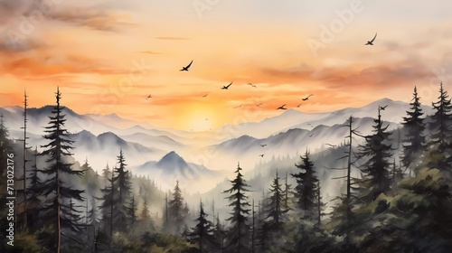 watercolor painting of misty mountains with pine trees and flocks of birds in the sunset sky. generative ai photo