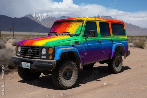 A vehicle adorned with a colorful rainbow. Generative AI