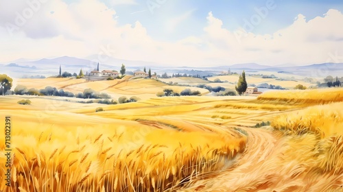 watercolor painting Farming on a hill with yellow wheat fields. generative ai