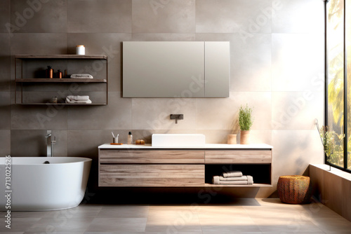 Modern bathroom interior in light natural beige tones with big Window. Scandinavian.