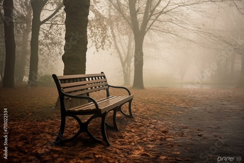 A bench surrounded by mist in a tranquil park. Generative AI © Virelai