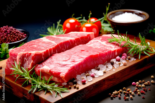 Pieces of raw fresh beef meat with spices and vegetables on a stone board. Raw meat for cooking.