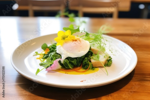 a bed of greens topped with avocado and poached egg