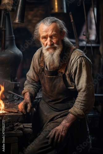 Portrait of an elderly male professional blacksmith in a blacksmith shop
