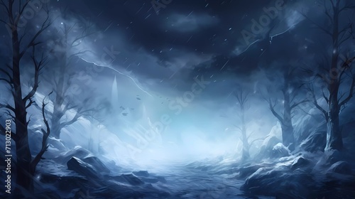 watercolor painting Dark winter forest background at night. Snow, fog, moonlight. generative ai