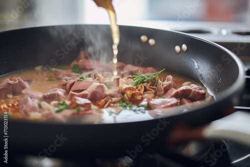 process shot of beef being sauteed in a pan, pre-stroganoff