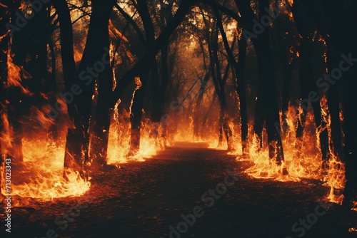 A beautiful forest alley is on fire during an emergency due to a fire