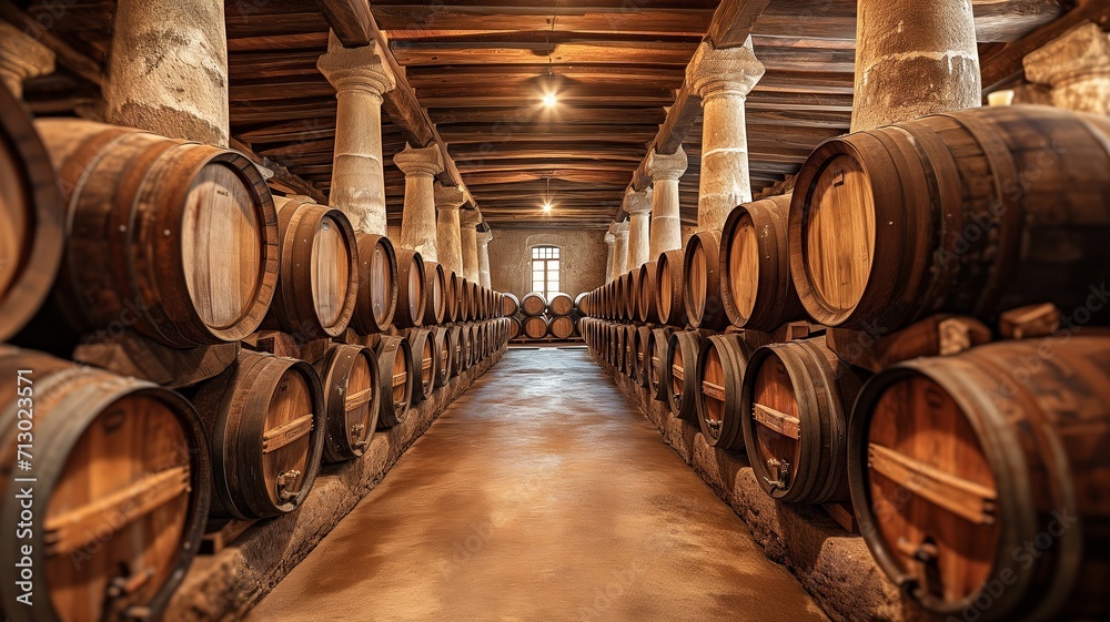 Aged Wine Barrels Stacked in Historic Stone Cellar with Ambient Lighting