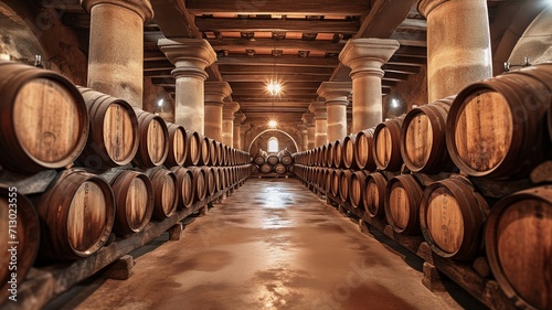 Aged Wine Barrels in Historic Stone Cellar with Illuminated Corridors © Pedro Llinas