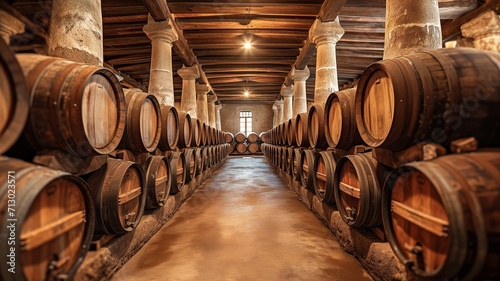 Aged Wine Barrels Stacked in Historic Stone Cellar with Ambient Lighting