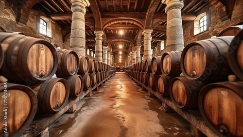 Historic Stone Cellar with Aged Wine Barrels and Majestic Pillars