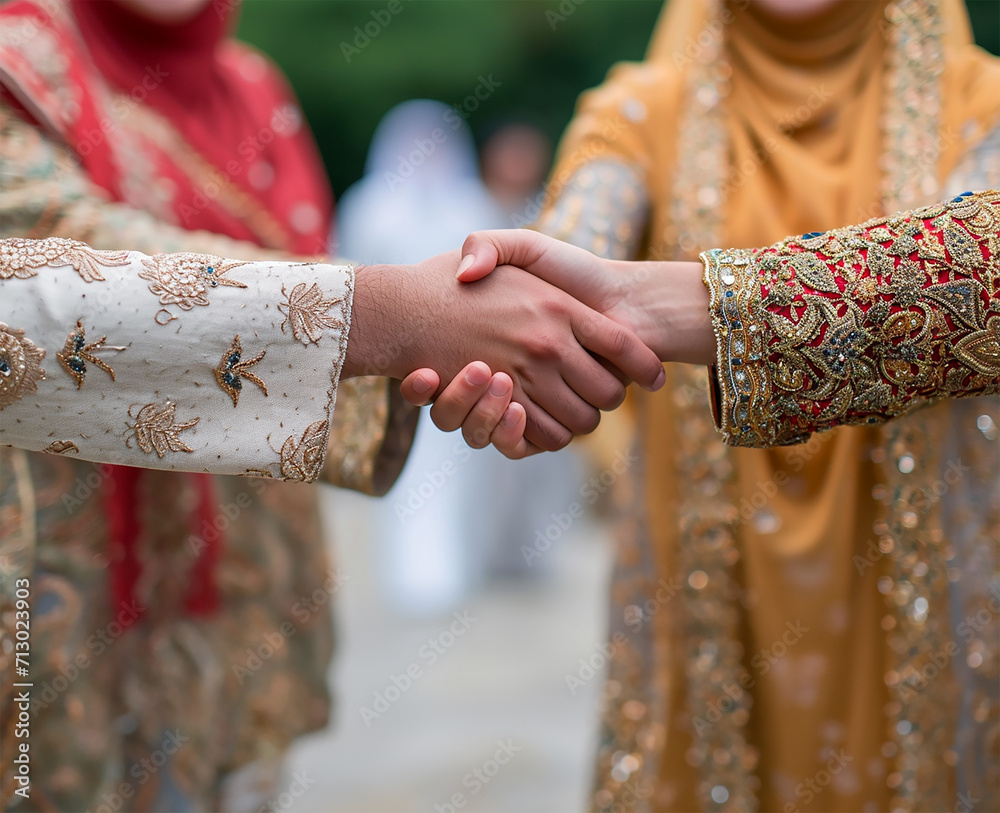 Eid Mubarak Greetings, Embracing and Shaking Hands Close-Up