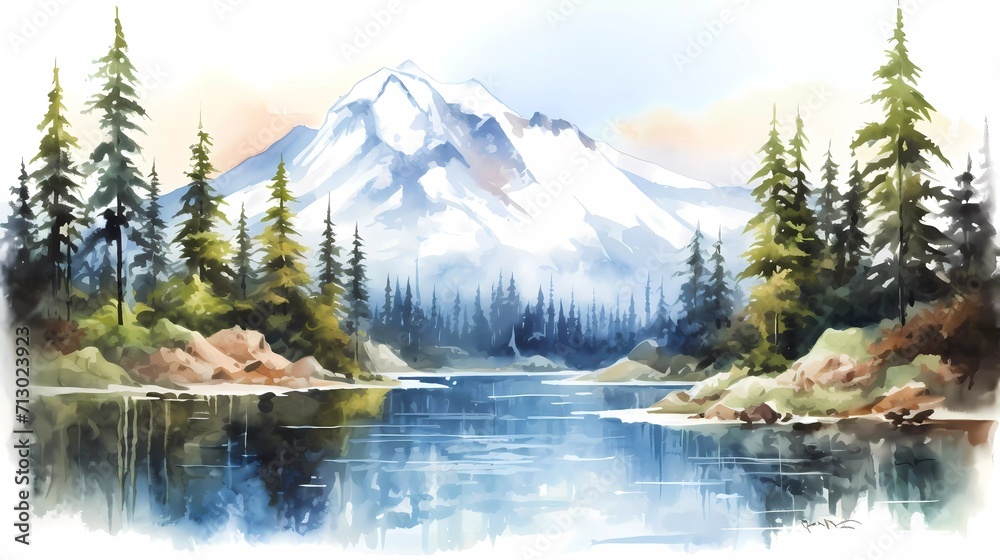 watercolor painting of colorful mountain landscape isolated on white background. Snowy mountain peak with lake and cypress trees. generative ai - obrazy, fototapety, plakaty 