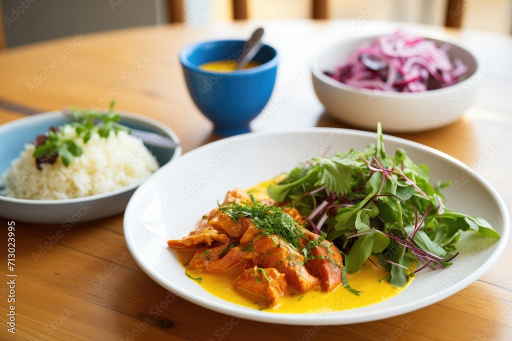 butter chicken over saffron rice with a side salad in a bistro setting butter chicken over saffron rice with a side salad in a bistro setting