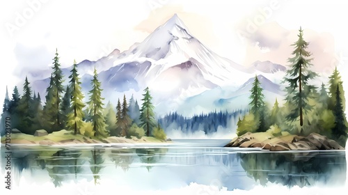 watercolor painting of colorful mountain landscape isolated on white background. Snowy mountain peak with lake and cypress trees. generative ai