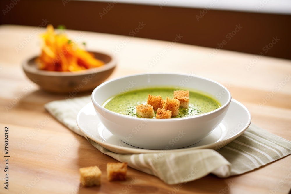 soup bowl with a dribble of pesto and croutons soup bowl with a dribble of pesto and croutons