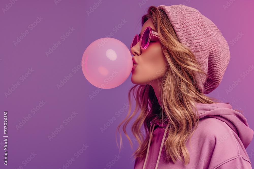 girl with chewing gum on a purple background with glasses. , Stylish pretty young 20s fashion teen girl model wear glasses blowing bubble gum winking looking at camera stand at purple studio backgroun - obrazy, fototapety, plakaty 