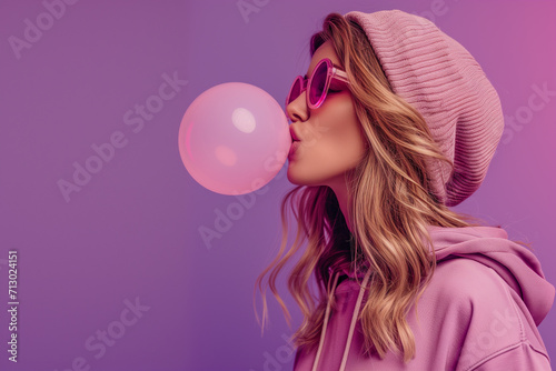 girl with chewing gum on a purple background with glasses. , Stylish pretty young 20s fashion teen girl model wear glasses blowing bubble gum winking looking at camera stand at purple studio backgroun photo